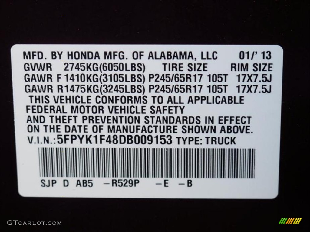 2013 Ridgeline Color Code R529P for Dark Cherry Pearl Photo #76111166