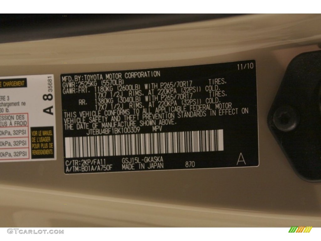 2011 FJ Cruiser Color Code 2KP for Quicksand Photo #76118873