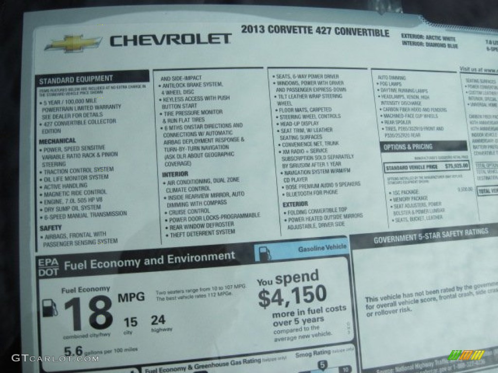 2013 Chevrolet Corvette 427 Convertible Collector Edition Window Sticker Photo #76175507