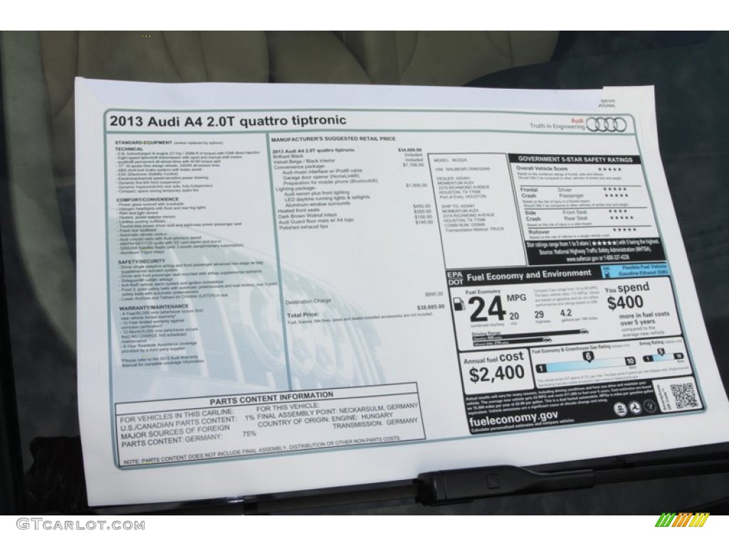 2013 Audi A4 2.0T quattro Sedan Window Sticker Photo #76209791