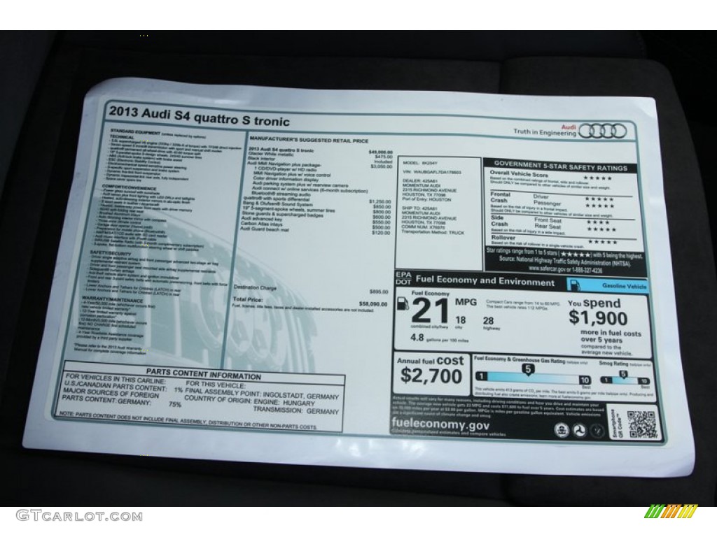 2013 Audi S4 3.0T quattro Sedan Window Sticker Photo #76210175