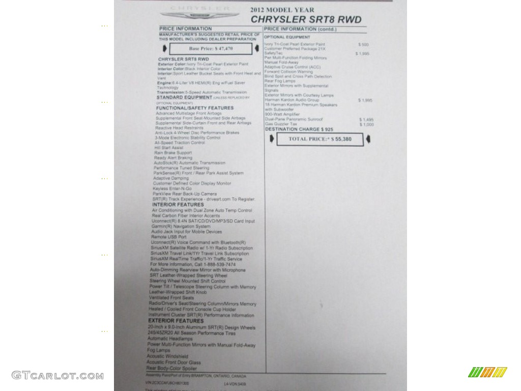 2012 Chrysler 300 SRT8 Window Sticker Photo #76214189