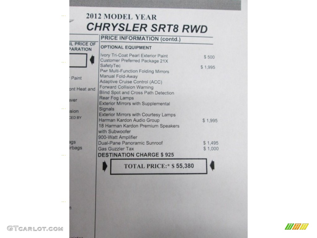 2012 Chrysler 300 SRT8 Window Sticker Photos