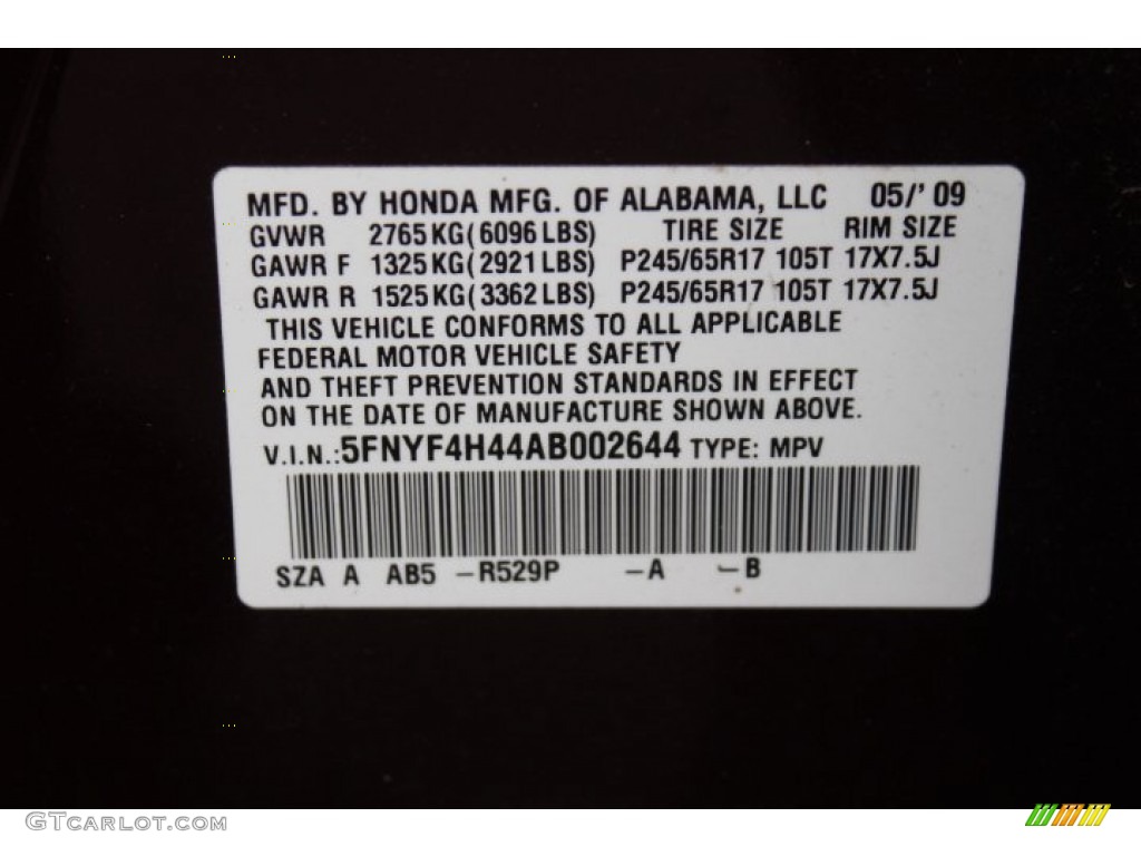 2010 Honda Pilot EX 4WD Color Code Photos