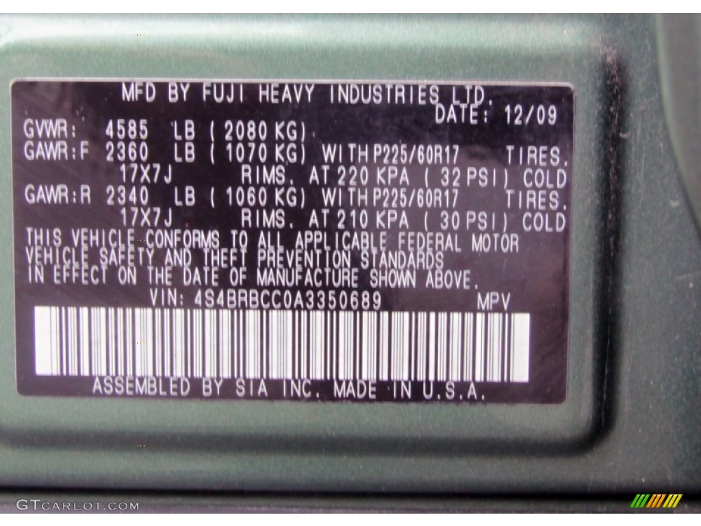 2010 Subaru Outback 2.5i Premium Wagon Info Tag Photo #76227268