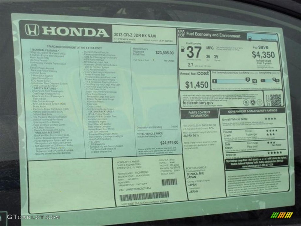 2013 Honda CR-Z EX Navigation Sport Hybrid Window Sticker Photos