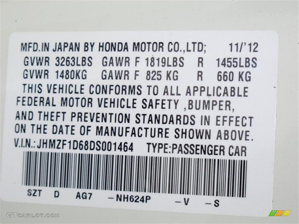2013 CR-Z Color Code NH624P for Premium White Pearl Photo #76244186