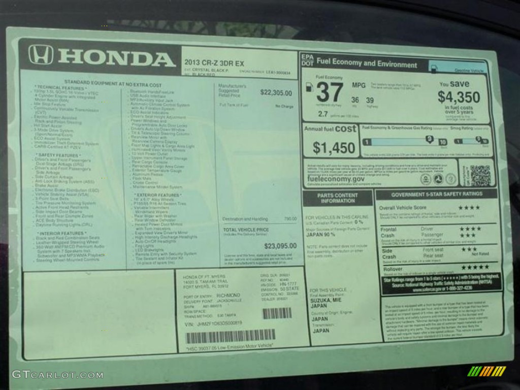 2013 Honda CR-Z EX Sport Hybrid Window Sticker Photo #76244420