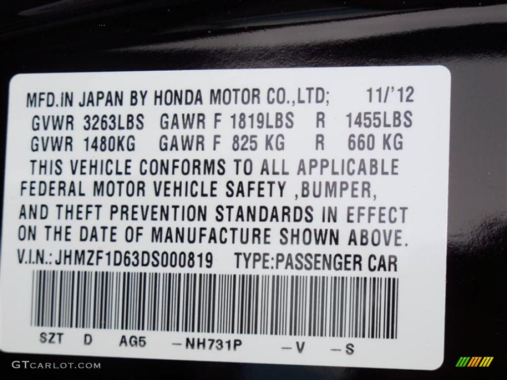 2013 CR-Z Color Code NH731P for Crystal Black Pearl Photo #76244483