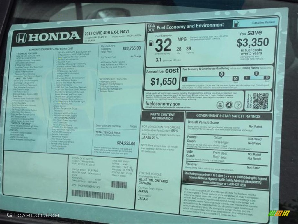 2013 Honda Civic EX-L Sedan Window Sticker Photo #76245536