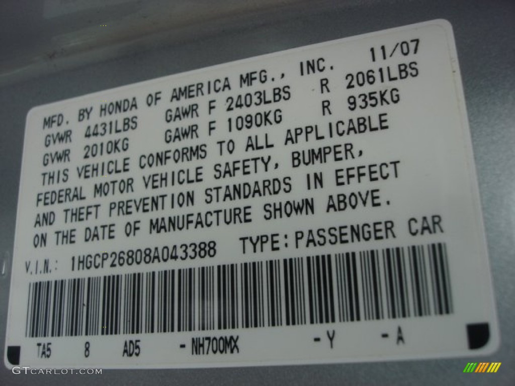 2008 Accord Color Code NH700MX for Alabaster Silver Metallic Photo #76257872