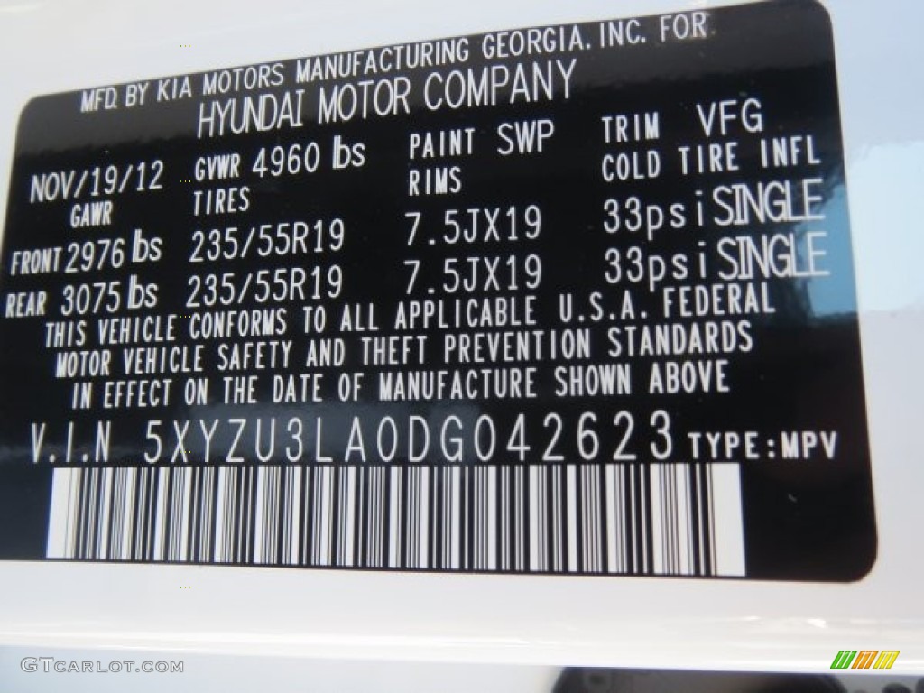 2013 Santa Fe Color Code SWP for Frost White Pearl Photo #76275200