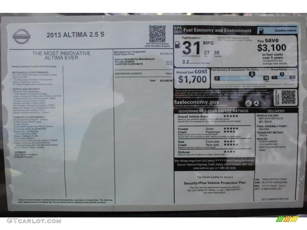 2013 Nissan Altima 2.5 S Window Sticker Photo #76280115