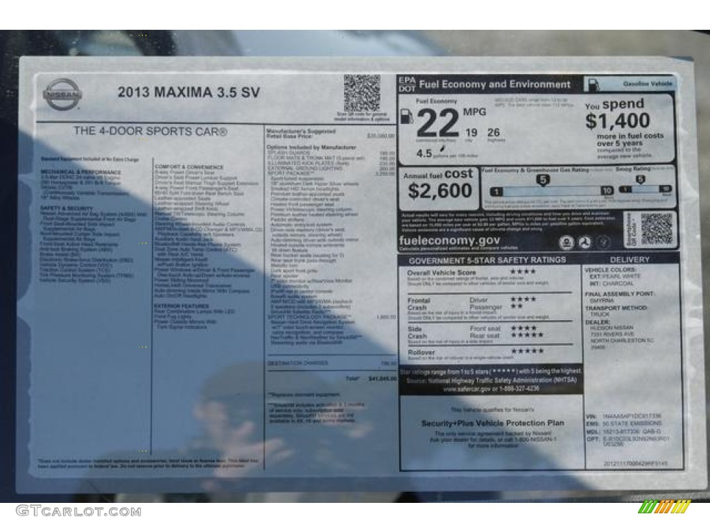 2013 Maxima 3.5 SV Sport - Pearl White / Charcoal photo #2