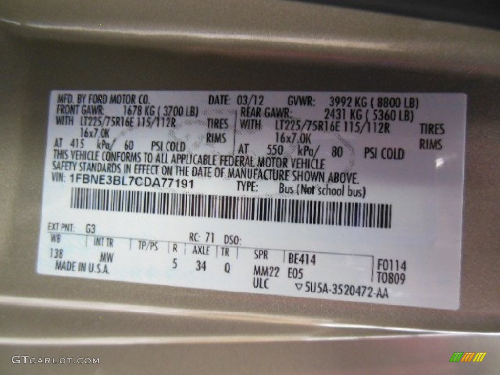 2012 Ford E Series Van E350 XLT Passenger Color Code Photos