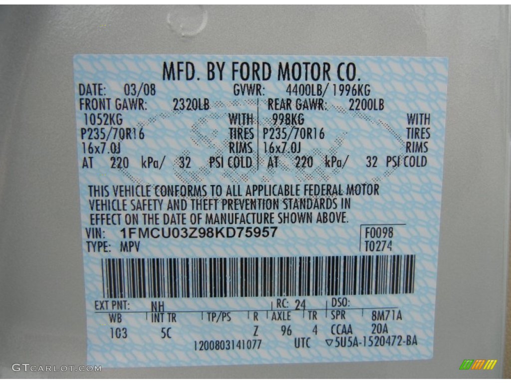 2008 Ford Escape XLT Color Code Photos