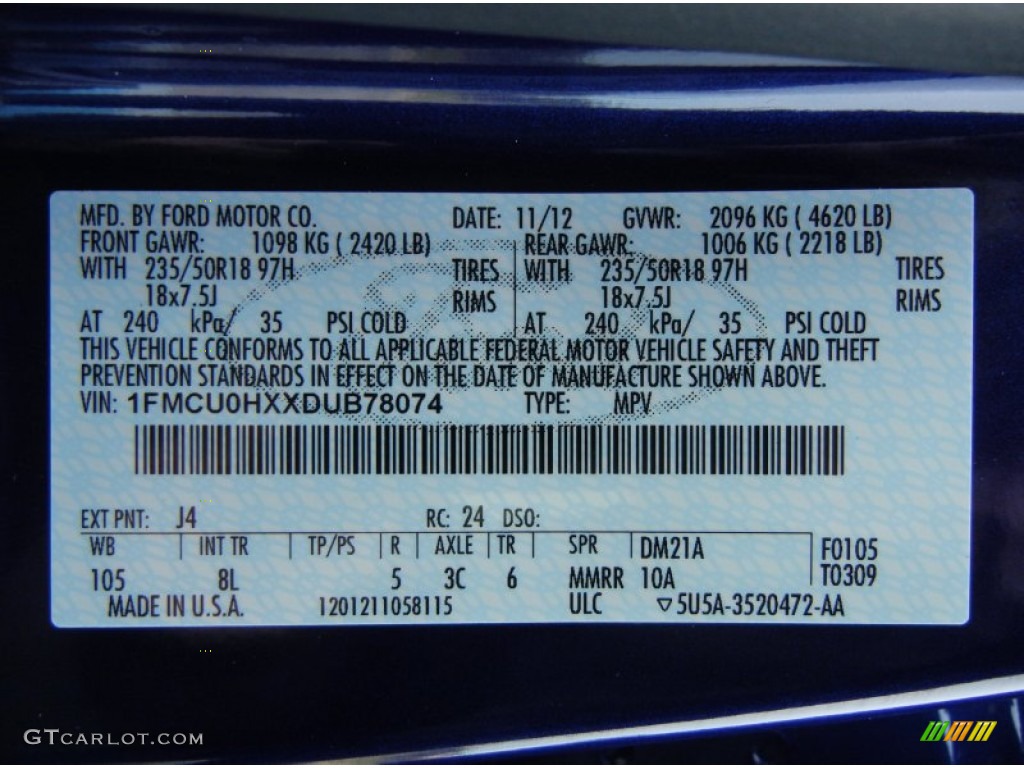 2013 Escape Color Code J4 for Deep Impact Blue Metallic Photo #76303702