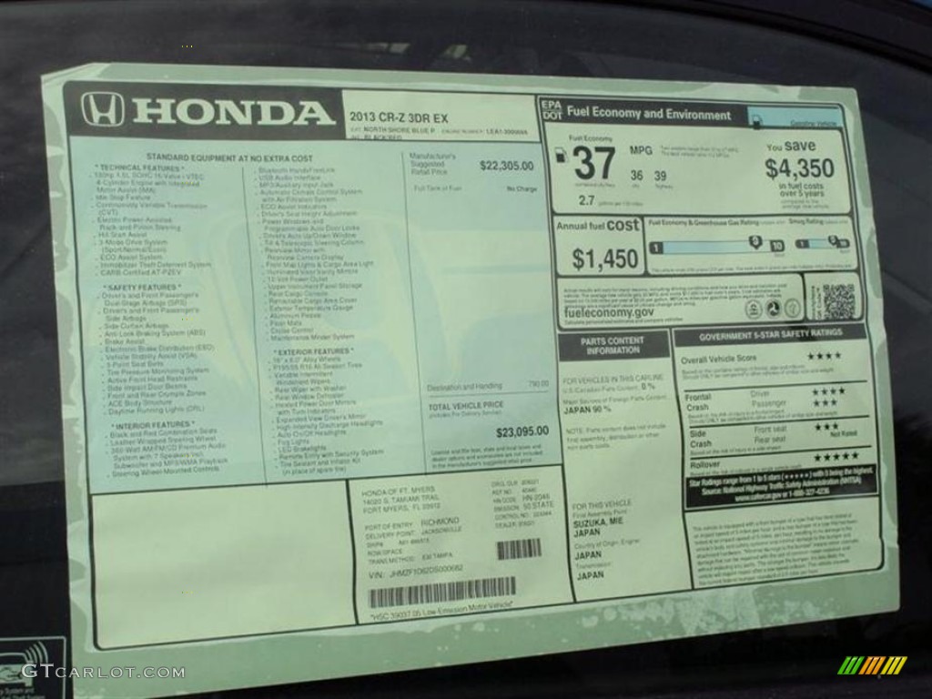 2013 Honda CR-Z EX Sport Hybrid Window Sticker Photo #76305380