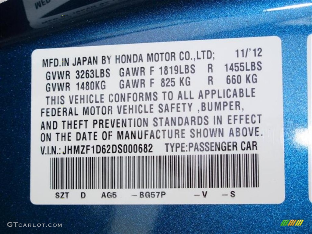 2013 CR-Z Color Code BG57P for North Shore Blue Pearl Photo #76305437