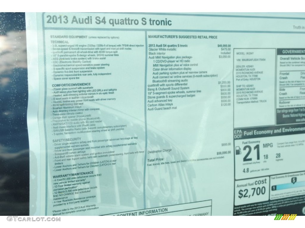 2013 Audi S4 3.0T quattro Sedan Window Sticker Photo #76306304