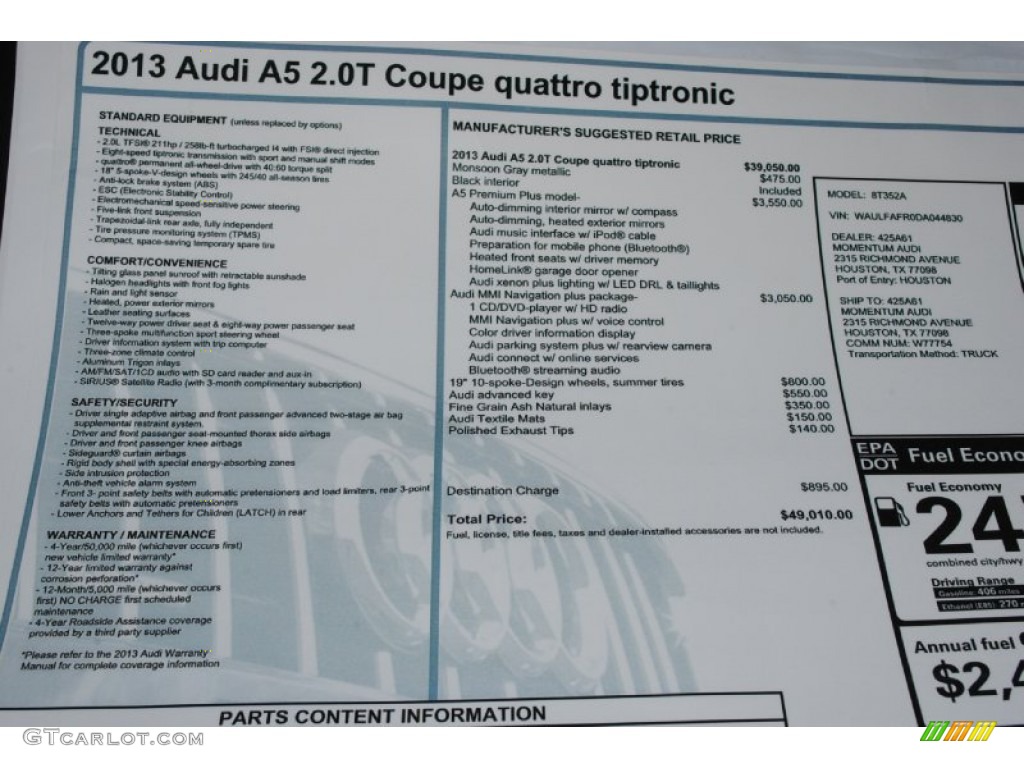 2013 Audi A5 2.0T quattro Coupe Window Sticker Photo #76309032
