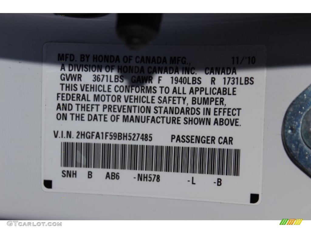 2011 Civic Color Code NH578 for Taffeta White Photo #76321274