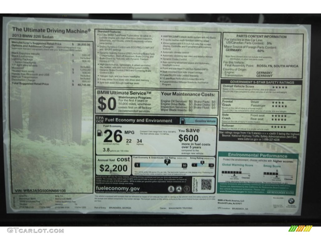 2013 BMW 3 Series 328i Sedan Window Sticker Photo #76335613