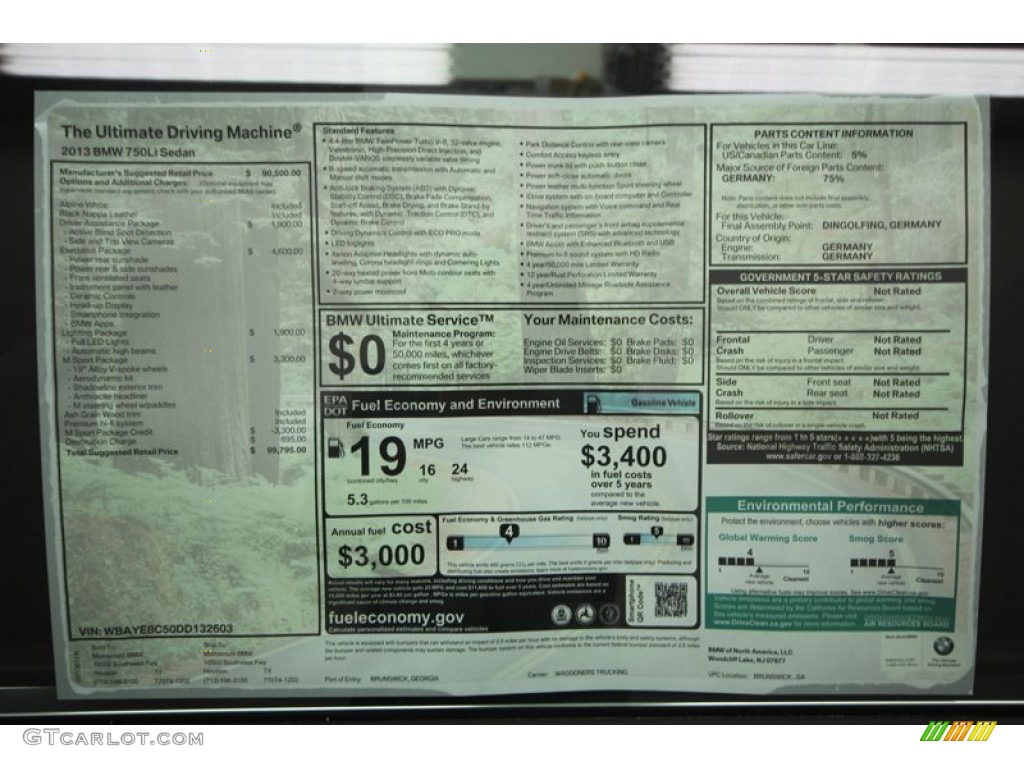 2013 BMW 7 Series 750Li Sedan Window Sticker Photo #76339531