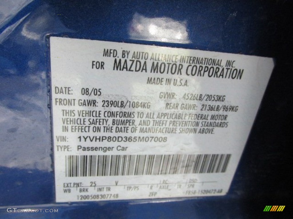2006 MAZDA6 Color Code 25V for Lapis Blue Metallic Photo #76345597