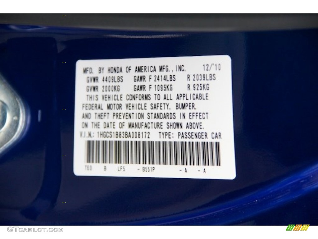2011 Accord Color Code B551P for Belize Blue Pearl Photo #76359112