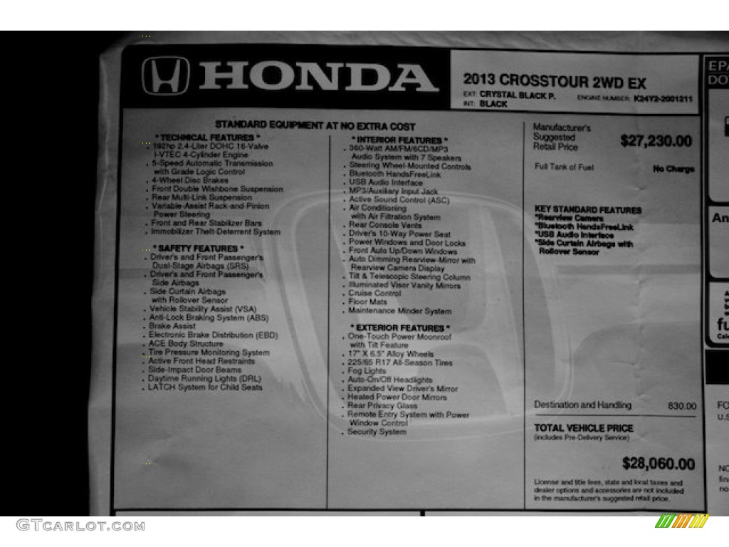 2013 Honda Crosstour EX Window Sticker Photo #76359370