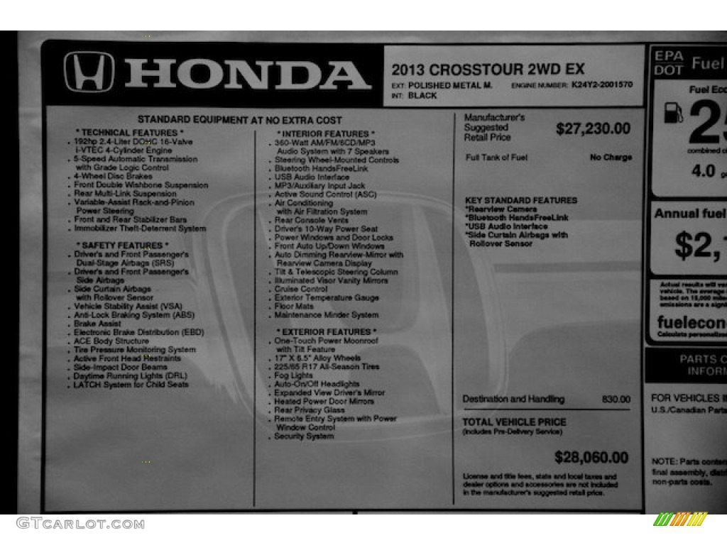 2013 Honda Crosstour EX Window Sticker Photo #76359720