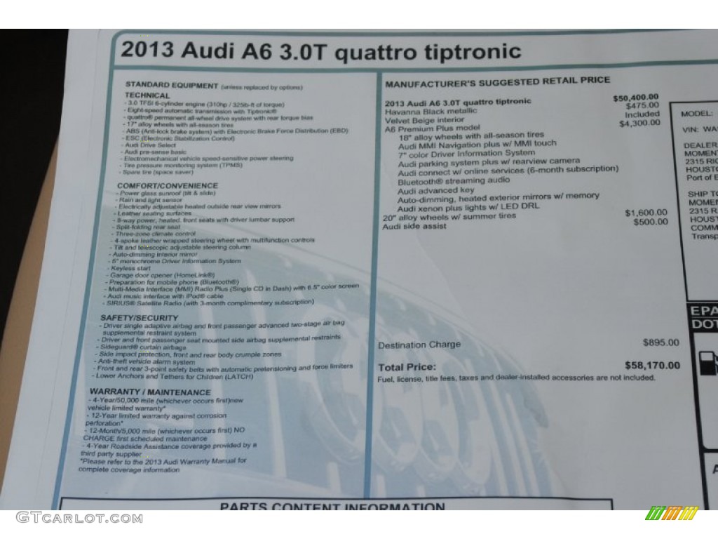 2013 Audi A6 3.0T quattro Sedan Window Sticker Photo #76359853