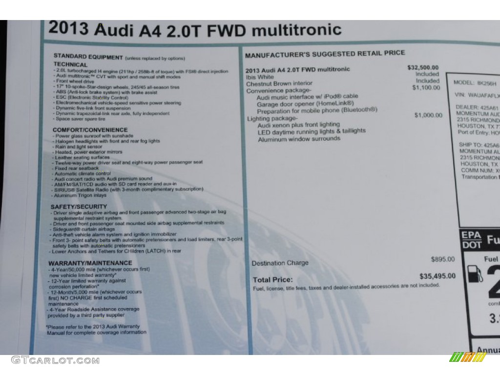 2013 Audi A4 2.0T Sedan Window Sticker Photo #76360514