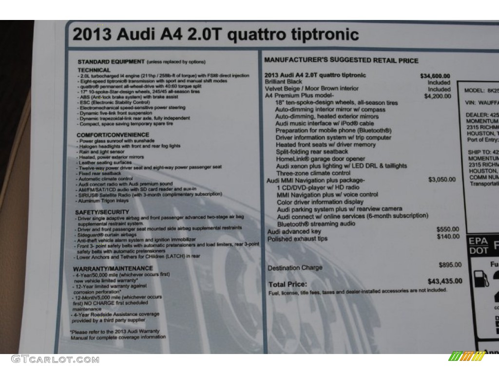 2013 Audi A4 2.0T quattro Sedan Window Sticker Photo #76363432