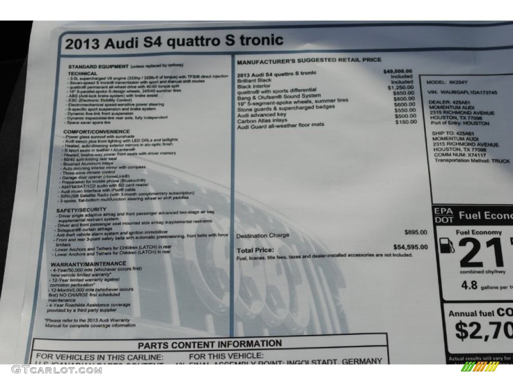 2013 Audi S4 3.0T quattro Sedan Window Sticker Photo #76366534