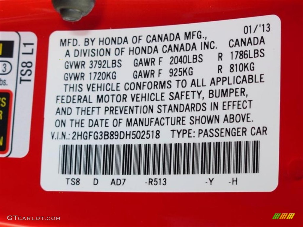 2013 Civic Color Code R513 for Rallye Red Photo #76368740