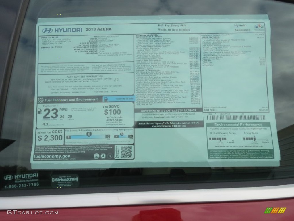 2013 Hyundai Azera Standard Azera Model Window Sticker Photo #76384808