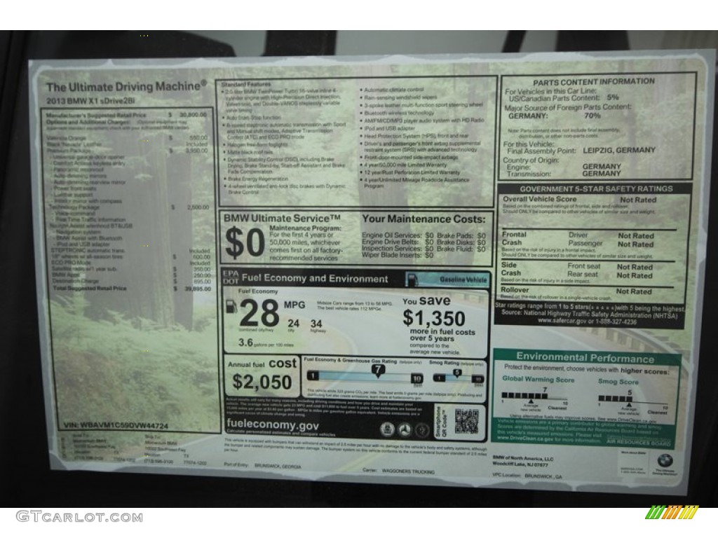 2013 BMW X1 sDrive 28i Window Sticker Photo #76388062
