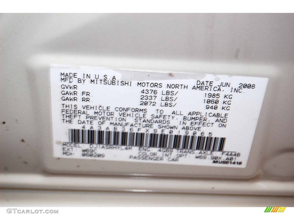 2009 Galant Color Code W69 for Dover White Pearl Photo #76412418