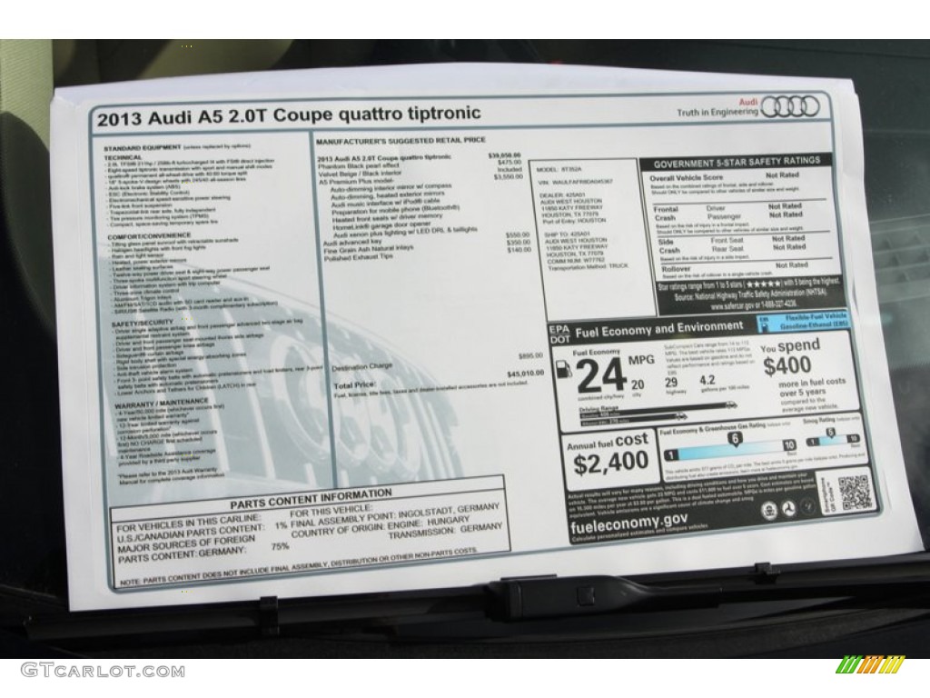 2013 Audi A5 2.0T quattro Coupe Window Sticker Photo #76416449