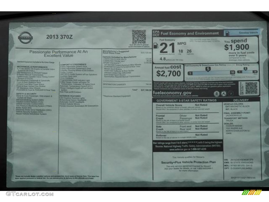 2013 Nissan 370Z Sport Coupe Window Sticker Photo #76417239