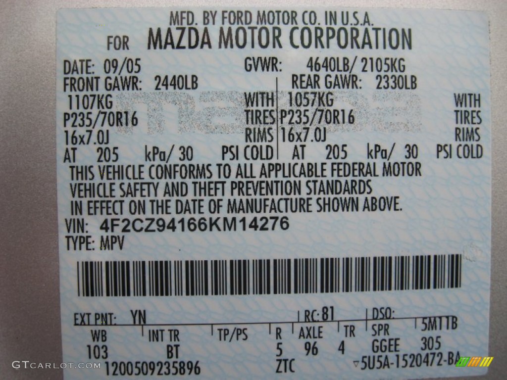 2006 Mazda Tribute s 4WD Color Code Photos