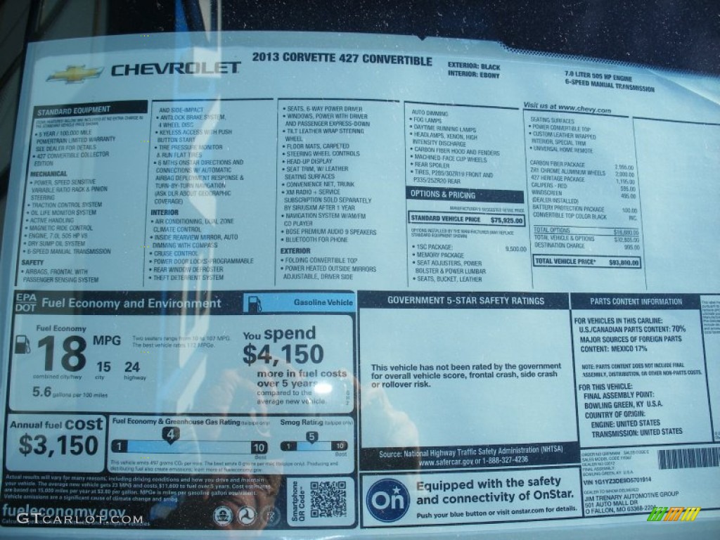 2013 Chevrolet Corvette 427 Convertible Collector Edition Window Sticker Photo #76439696
