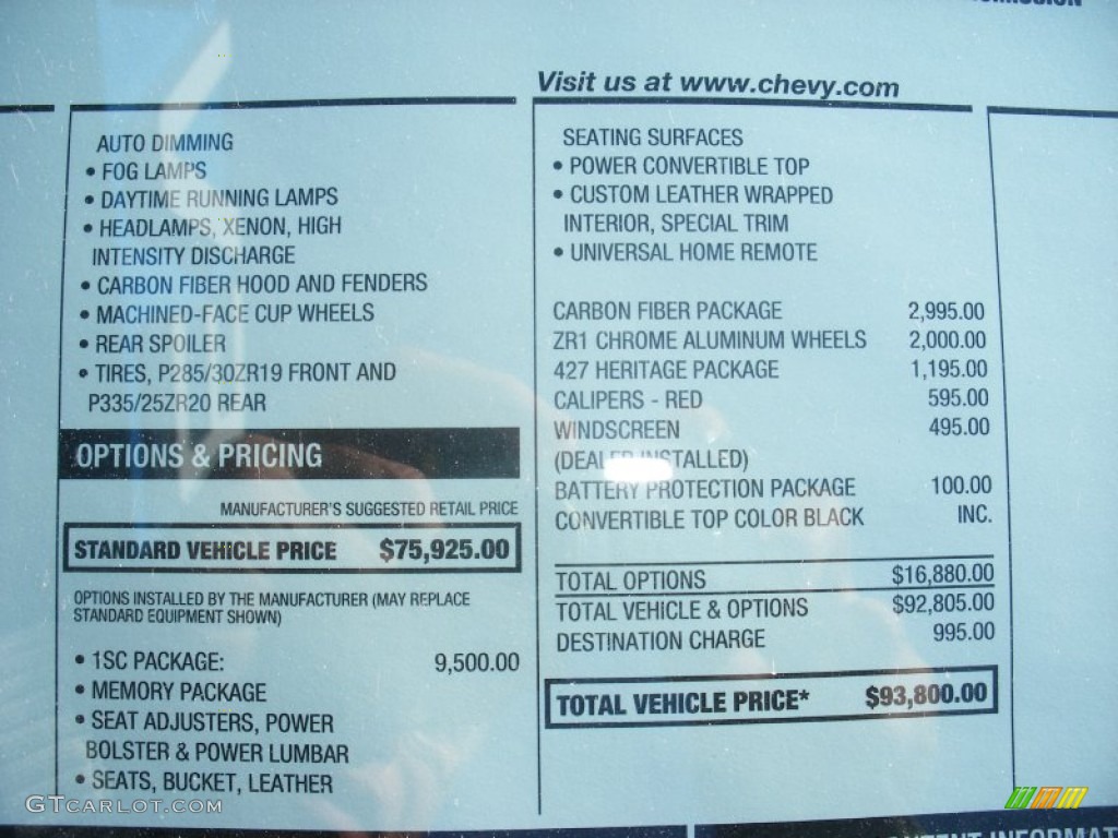 2013 Chevrolet Corvette 427 Convertible Collector Edition Window Sticker Photo #76439711