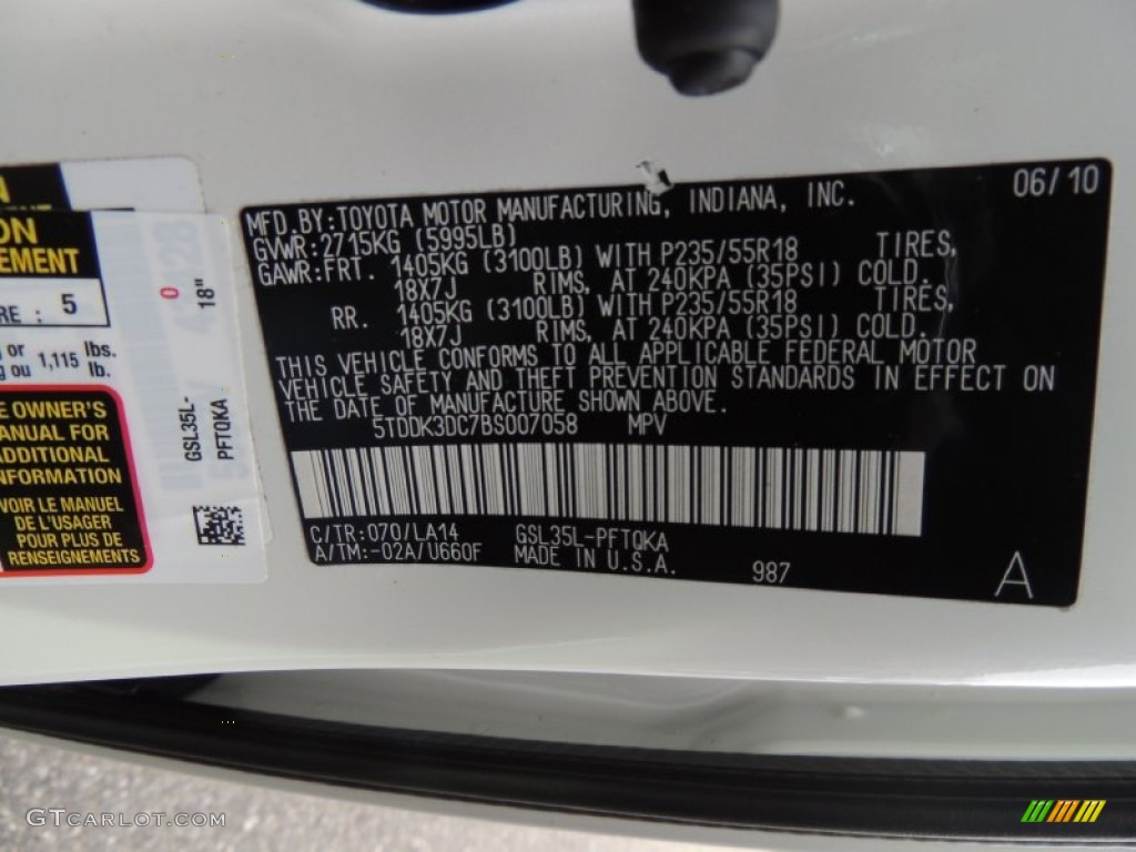 2011 Toyota Sienna Limited AWD Color Code Photos