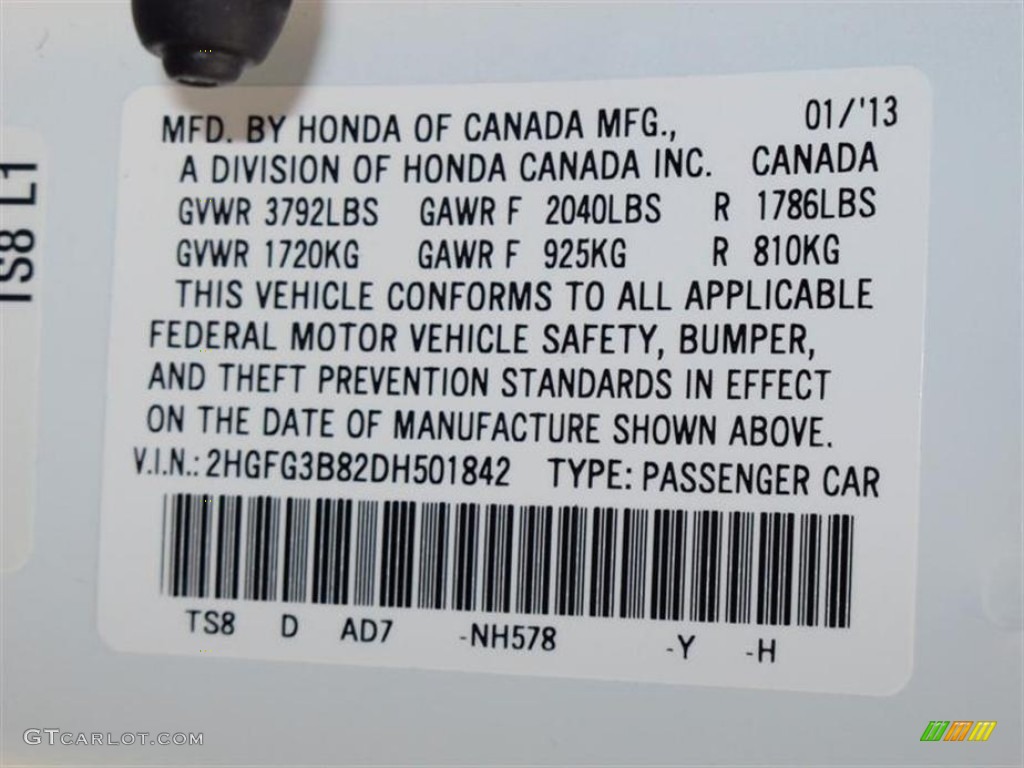 2013 Civic Color Code NH578 for Taffeta White Photo #76444553