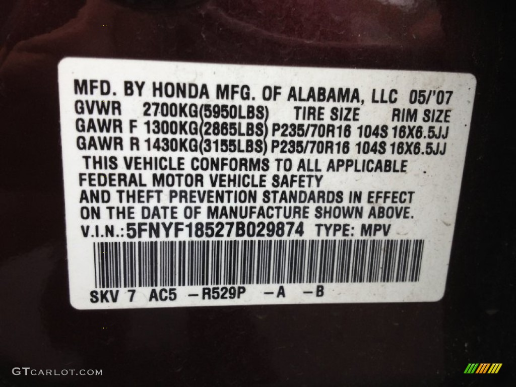 2007 Pilot Color Code R529P for Dark Cherry Pearl Photo #76453476