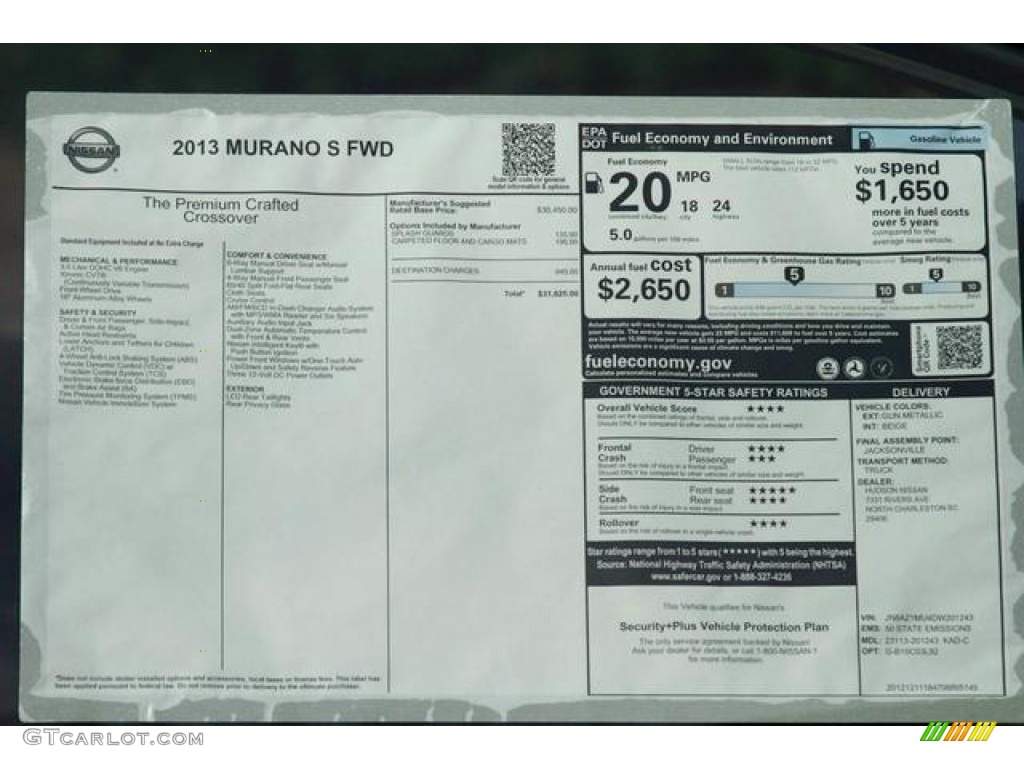 2013 Nissan Murano S Window Sticker Photo #76462884