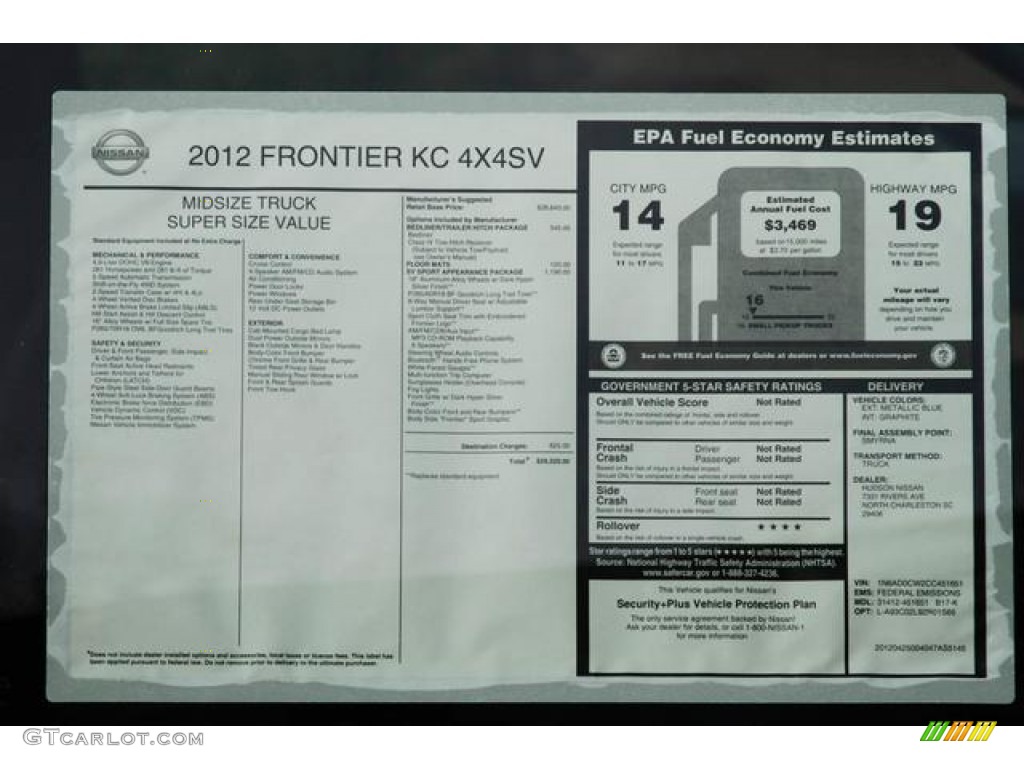 2012 Nissan Frontier SV V6 King Cab 4x4 Window Sticker Photo #76463933